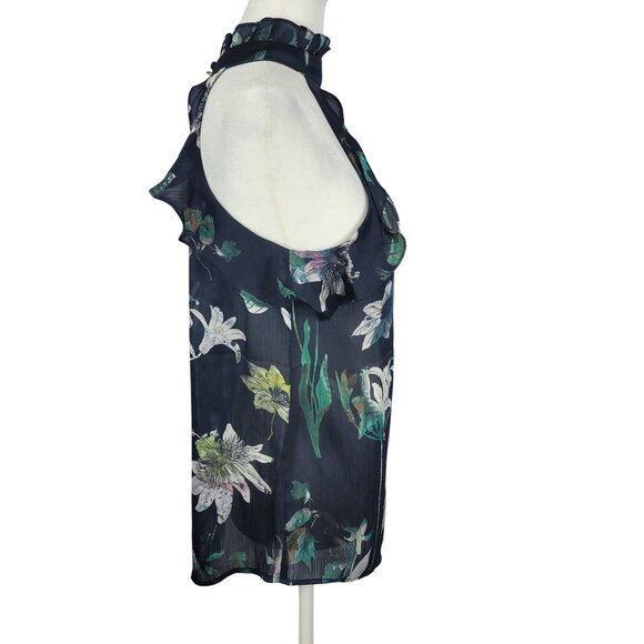 Modern Chic Floral Cheer Navy Blue Ruffled Business Casual Blouse Halter Top XS - Picture 10 of 16